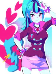 1girl aetherion aqua_eyeshadow arm_up bad_id bad_twitter_id black_choker blue_background blue_hair blue_skin border bracelet breasts brown_jacket buttons choker closed_mouth collared_jacket colored_skin commentary contrapposto cowboy_shot cutie_mark english_commentary eyeshadow gem halftone halftone_background hand_on_own_hip heart high_ponytail jacket jewelry long_hair looking_to_the_side makeup medium_breasts miniskirt multicolored_hair musical_note my_little_pony my_little_pony:_equestria_girls my_little_pony:_friendship_is_magic outside_border pencil_skirt pendant_choker pink_eyes pink_skirt ponytail purple_hair red_gemstone short_sleeves sideways_glance simple_background skirt smile solo sonata_dusk sonata_dusk_(human) spiked_bracelet spikes standing streaked_hair two-tone_hair v-bangs w white_border