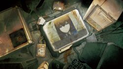 1girl brown_hair coat collared_shirt computer from_above frown game_cg hair_between_eyes hard_drive highres huke lab_coat lapels makise_kurisu makise_kurisu_(amadeus) monitor necktie non-web_source notched_lapels official_art purple_eyes red_necktie ringed_eyes sad shirt solo square_pupils steins;gate steins;gate_0 white_coat white_shirt
