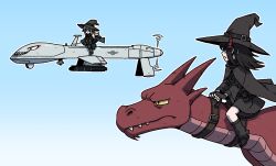 2girls black_hair blonde_hair blue_sky bug day demon demon_girl demon_horns dragon drone elf fly flying flying_sweatdrops hat horns insect karepack long_hair long_sleeves looking_at_another middle_finger military_uniform multiple_girls open_mouth original outdoors pointy_ears red_horns riding_dragon sky witch_hat