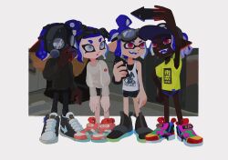 4girls :d :o arm_up bandana baseball_cap bike_shorts bike_shorts_under_skirt black_bandana black_hat black_pants black_shorts black_sweater blue_hair blue_skirt dark-skinned_female dark_skin dolphin_shorts fangs gas_mask goggles goggles_on_head hair_bun hand_on_own_hip hand_up hat highres holding holding_phone hyper_chikuwabu inkling inkling_girl inkling_player_character long_sleeves mask miniskirt multiple_girls nintendo octoling octoling_girl octoling_player_character open_mouth pants phone pointy_ears ponytail red_eyes selfie shirt short_hair short_sleeves shorts single_hair_bun skirt smile splatoon_(series) standing sweat sweater sweatpants t-shirt tank_top teeth tentacle_hair very_dark_skin white_eyes white_sweater white_tank_top yellow_shirt