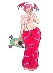 1girl artist_name barefoot breasts capcom celebelian character_doll closed_eyes curvy darkstalkers doll feet highres legs lilith_(darkstalkers) midriff morrigan_aensland navel open_mouth pajamas pants pink_hair pubic_hair pubic_hair_peek shirt short_hair small_breasts solo stuffed_toy thighs thong tongue whale_tail_(clothing) wide_hips yawning