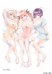 3girls amano_erika babydoll blonde_hair blue_eyes blush breasts cleavage green_eyes highres kakkou_no_iinazuke large_breasts long_hair medium_breasts multiple_girls official_art open_mouth purple_eyes purple_hair segawa_hiro short_hair smile twintails umino_sachi_(kakkou_no_iinazuke) underwear yoshikawa_miki
