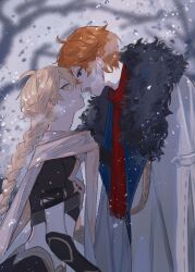 2boys aether_(genshin_impact) ahoge black_gloves blonde_hair blue_eyes blurry blurry_background braid breath cape coat crop_top earrings eye_contact from_side fur-trimmed_coat fur_trim genshin_impact gloves hair_between_eyes highres jacket jewelry long_hair long_sleeves looking_at_another male_focus midriff multiple_boys open_mouth orange_hair outdoors parted_lips red_scarf scarf short_hair short_sleeves single_braid single_earring snow snowing tartaglia_(genshin_impact) whale_52hz_o white_coat yaoi yellow_eyes