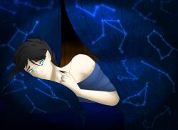 Rule 34 | 1boy, alternate universe, black hair, blanket, blue eyes, commentary, constellation, constellation print, covering with blanket, curtains, danny fenton, danny phantom, danny phantom kindred au, english commentary, male focus, nickelodeon, non-web source, pale skin, solo