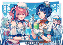 &gt;_&lt; 4girls :d absurdres amagi_hana aqua_hair bare_shoulders bikini blue_eyes blush breasts brown_hair chair chibi chibi_inset cleavage closed_eyes cloud collarbone commentary_request cup day drinking_straw food frilled_bikini frills gloves hanasato_minori hat hat_ribbon heart highres hinomori_shizuku holding holding_cup ice_cream ice_cream_float kiritani_haruka long_hair looking_at_viewer momoi_airi more_more_jump!_(project_sekai) multiple_girls navel off-shoulder_bikini off_shoulder on_chair open_mouth outdoors outline project_sekai red_eyes ribbon sailor sailor_hat shirt short_hair short_sleeves shorts skirt smile sparkle swimsuit two_side_up white_gloves white_hat white_outline white_ribbon white_shirt white_shorts white_skirt xd