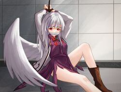 1girl boots bound bound_wrists bow bowtie brown_boots chunjiu cloth_gag commentary dress feathered_wings gag gagged grey_hair highres improvised_gag jacket kishin_sagume long_sleeves looking_at_viewer open_clothes open_jacket purple_dress red_bow red_bowtie red_eyes restrained single_wing solo suit_jacket touhou white_wings wings
