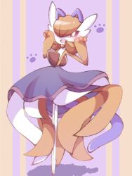 alternate_color animal_ears bell blush bob_cut cat_ears collar colored_skin fake_animal_ears gardevoir gen_3_pokemon hair_over_one_eye multicolored_skin narumiya_pkmn neck_bell nintendo open_mouth orange_hair orange_skin paw_print pink_eyes pokemon pokemon_(creature) purple_skirt signature simple_background skirt two-tone_skin white_skin