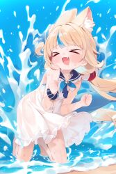 Rule 34 | &gt; &lt;, 1girl, absurdres, animal ear fluff, animal ears, barefoot, beach, bikini, bikini top only, blonde hair, blush, cat ears, clenched hands, closed eyes, commentary, dress, fang, fins, fish tail, highres, indie virtual youtuber, kneeling, lifebuoy hair ornament, long hair, low twintails, multicolored hair, no panties, ocean, open mouth, outdoors, sameko saba, sankyaku tako, scrunchie, see-through clothes, see-through dress, sleeveless, sleeveless dress, smile, solo, streaked hair, striped bikini, striped clothes, sundress, swimsuit, tail, twintails, virtual youtuber, water, waves, wet, wet clothes, wet dress, white dress, wrist scrunchie