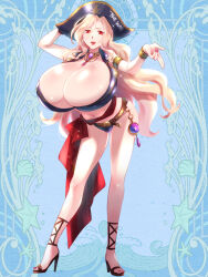 1girl adjusting_clothes adjusting_headwear belt bicorne blonde_hair blue_background breasts cleavage dairoku_ryouhei full_body gem gigantic_breasts hair_intakes hat high_heels huge_breasts jewelry leaning_forward legs_apart long_hair midriff nail_polish navel official_art open_clothes open_shirt pirate_costume pirate_hat red_eyes standing tagme tomoming usalia_sin very_long_hair