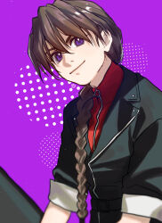 Rule 34 | 1boy, artist logo, belt, black belt, black jacket, braid, braided ponytail, brown hair, closed mouth, commentary request, duo maxwell, gundam, gundam wing, hair between eyes, hair over shoulder, head tilt, highres, jacket, lapels, logo, long hair, looking at viewer, male focus, o-ring, purple background, purple eyes, red shirt, shirt, single braid, sleeves rolled up, smile, solo, upper body, ususio 11, very long hair, zipper pull tab
