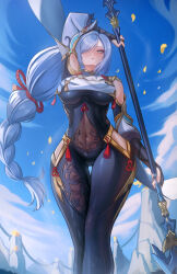 Rule 34 | 1girl, absurdres, black bodysuit, blue eyes, blue hair, blue sky, bodysuit, braid, braided ponytail, breast curtain, breasts, calamity queller (genshin impact), chinese clothes, clothing cutout, covered navel, cowboy shot, from below, genshin impact, gluteal fold, gold trim, hair over one eye, highres, hip vent, holding, holding polearm, holding weapon, large breasts, long hair, looking at viewer, navel, outdoors, polearm, puppnet, red rope, rope, see-through clothes, shenhe (genshin impact), shoulder cutout, skin tight, sky, solo, tassel, thigh gap, thighs, weapon