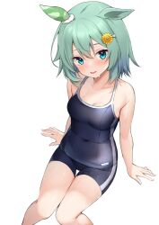 1girl animal_ears arm_support blue_eyes blue_one-piece_swimsuit blush breasts cleavage collarbone commentary competition_swimsuit covered_navel crossed_bangs double-parted_bangs ear_covers feet_out_of_frame flower from_above green_hair hair_between_eyes hair_flower hair_ornament hairclip highres horse_ears looking_at_viewer medium_breasts medium_hair no_tail one-piece_swimsuit open_mouth seiun_sky_(umamusume) sidelocks simple_background single_ear_cover sitting smile solo sweat swimsuit symbol-only_commentary thigh_gap thighs tracen_swimsuit umamusume white_background zarashi