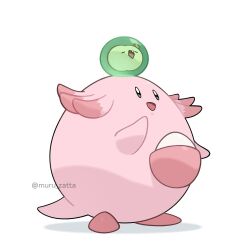 arm_up blue_eyes chansey closed_eyes colored_skin commentary_request diamond_mouth egg full_body gen_1_pokemon gen_5_pokemon highres looking_up muru_zatta nintendo no_humans on_head pink_skin pokemon pokemon_(creature) pokemon_focus pouch simple_background solosis standing tongue twitter_username white_background