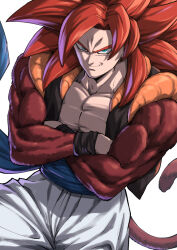 abs blue_sash body_fur brown_fur closed_mouth crossed_arms dragon_ball dragon_ball_gt fusion fusion_dance gogeta green_eyes highres large_pectorals long_hair looking_at_viewer male_focus metamoran_vest monkey_boy monkey_tail muscular muscular_male pectorals red_hair sash shouji_nigou simple_background smile smirk solo spiked_hair super_saiyan super_saiyan_4 tail