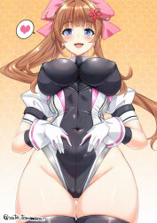 1girl :d belly_rub black_thighhighs blue_eyes blush bow breasts brown_hair covered_navel cowboy_shot curvy dot_nose gloves gluteal_fold gradient_background hair_bow hair_ornament heart highleg highres honeycomb_(pattern) honeycomb_background impossible_clothes impossible_leotard indie_virtual_youtuber large_breasts legs_together leotard long_hair looking_at_viewer open_mouth orange_background pink_bow ponytail sakuranomiya_misuzu satou_terumasa shiny_clothes shiny_skin smile solo spoken_heart standing thighhighs thighs tight_clothes twitter_username white_gloves