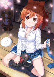 10s 1girl :o angora_rabbit black_cat black_socks blush bow breasts brown_eyes cat cherry_blossoms cleavage collarbone cyberagent female_focus gekkan_shoujo_nozaki-kun girlfriend_(kari) gochuumon_wa_usagi_desu_ka? hair_bow highres indian_style kazenokaze kneehighs large_breasts looking_at_viewer necktie nichijou no_shoes orange_hair petals ponytail porch rabbit sakamoto_(nichijou) sakurai_akane_(girlfriend_(kari)) school_uniform short_hair sitting skirt socks solo tanuki tippy_(gochiusa) tippy_(gochuumon_wa_usagi_desuka?) tokisadame_school_uniform unworn_necktie