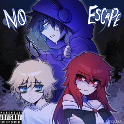 1girl 2boys album_cover artist_name asteria_(musician) bags_under_eyes bare_shoulders black_dress black_hair blank_eyes blonde_hair blue_eyes body_writing closed_mouth commentary cover crydiaa_(artist) d3r dark_background double-parted_bangs dress english_commentary english_text hair_between_eyes hand_on_own_arm hand_up headphones headphones_over_headwear holding holding_phone hood hood_up hoodie long_hair long_sleeves looking_at_phone looking_at_viewer m1v multiple_boys off-shoulder_dress off_shoulder parental_advisory parted_lips phone purple_hoodie red_eyes red_hair scar scar_on_face shirt short_hair speech_bubble sweat white_shirt