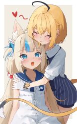 2girls ahoge animal_ears blonde_hair blue_collar blue_hair blue_overalls blush brown_hair cat_ears closed_eyes closed_mouth collar dooby_(vtuber) dress frilled_shirt_collar frills gloves heart highres hug indie_virtual_youtuber kurushiro1102 long_hair low_twintails mouse_girl mouse_tail multicolored_hair multiple_girls overalls sameko_saba shirt short_hair sleeveless sleeveless_dress smile streaked_hair tail twintails very_long_hair virtual_youtuber white_dress white_gloves white_shirt yuri