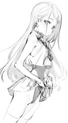 1girl bare_shoulders blush breasts cameltoe closed_mouth commentary cowboy_shot dutch_angle gakuen_idolmaster hair_ornament hairclip highres idolmaster leotard leotard_under_clothes lifting_own_clothes long_hair looking_at_viewer miniskirt neckerchief olys ribbon_earrings shinosawa_hiro shirt skirt sleeveless sleeveless_shirt small_breasts solo symbol-only_commentary thighhighs transparent_background twitter_username white_background