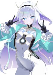 absurdres black_gloves blue_eyes bodysuit breasts covered_navel double_v gloves green_jacket highres jacket looking_at_viewer shadowverse:_worlds_beyond simple_background small_breasts v white_background white_bodysuit white_hair wottosei