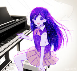 Rule 34 | 1girl, 2022, :d, absurdres, arm support, blush, bright pupils, brown skirt, collared shirt, colored skin, commentary request, curtains, dated, double-parted bangs, feet out of frame, film grain, grand piano, hair behind ear, hair between eyes, hatching (texture), highres, instrument, long hair, looking at viewer, manimarough, mari (headspace) (omori), mari (omori), miniskirt, music, neckerchief, omori, on bench, open mouth, piano, piano bench, pink neckerchief, playing instrument, playing piano, pleated skirt, purple eyes, purple hair, purple sweater vest, shirt, short sleeves, simple background, sitting, skirt, smile, solo, sparkle, straight hair, sweater vest, turning head, white background, white pupils, white shirt, white skin, wind