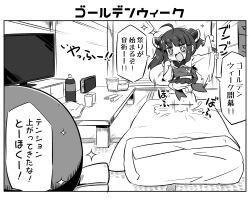 +_+ 2girls :d afterimage ahoge blush bottle chibi eel_hat emphasis_lines flat_screen_tv futon greyscale highres indoors japanese_clothes jumping kimono long_sleeves monochrome multiple_girls neon-tetora open_mouth otomachi_una pillow smile solo_focus sparkle table talkex tatami television touhoku_kiritan translation_request twintails v-shaped_eyebrows voiceroid wide_sleeves