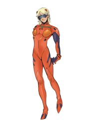 1boy arms_behind_back blonde_hair bodysuit char_aznable cosplay crossdressing gundam looking_at_viewer male_focus medium_hair neon_genesis_evangelion patrickbuffman simple_background souryuu_asuka_langley sunglasses tagme