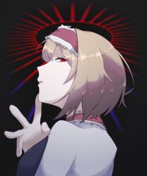 Rule 34 | 1girl, alice margatroid, black background, blonde hair, capelet, commentary, cookie (touhou), dress, frilled hairband, frills, from side, grey dress, hair between eyes, hairband, halo, halo behind head, hand up, highres, hinase (cookie), looking at viewer, looking to the side, nanariku, open mouth, profile, red eyes, red hairband, red halo, short hair, solo, spiked halo, touhou, upper body, white capelet