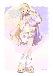 1girl animal_slippers blonde_hair camisole cardigan frilled_straps full_body highres kneehighs long_hair looking_at_viewer loose_socks magia_record:_mahou_shoujo_madoka_magica_gaiden mahou_shoujo_madoka_magica multicolored_cardigan one_eye_closed open_mouth pajamas paru_rari pink_eyes rubbing_eyes sheep_mask short_shorts shorts sleep_mask sleeves_past_wrists slippers socks solo standing striped_cardigan togame_momoko very_long_hair watermark white_background white_socks yawning yellow_camisole yellow_shorts