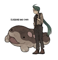 Rule 34 | 1girl, absurdres, ahoge, black necktie, brown shoes, character name, clodsire, closed mouth, collared shirt, commentary request, gloves, green hair, hand up, highres, ichi kawa ichi, long hair, necktie, nintendo, pants, pokemon, pokemon (creature), pokemon sv, red eyes, rika (pokemon), shirt, shoes, sleeves rolled up, smile, split mouth, standing, suspenders, white background