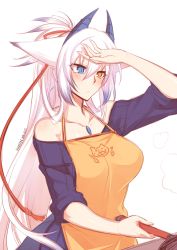 Rule 34 | 1girl, animal ears, apron, artist name, bare shoulders, blue eyes, breasts, collarbone, cooking, dated, dragon horns, dragon tail, fox ears, frying pan, heterochromia, horns, konshin, large breasts, long hair, orange eyes, orie hakua, pixiv fantasia, pixiv fantasia new world, ponytail, signature, sleeves rolled up, solo, sweater, tail, very long hair, white background, white hair, wiping forehead