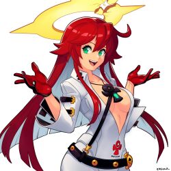 1girl absurdres ankh ankh_necklace belt black_gloves bodysuit breasts spiked_halo gloves green_eyes guilty_gear guilty_gear_strive hair_between_eyes halo highres jack-o&#039;_valentine large_breasts long_hair looking_at_viewer medium_breasts multicolored_hair open_mouth red_hair simple_background smgold smile solo teeth too_many too_many_belts two-tone_hair upper_teeth_only white_bodysuit white_hair