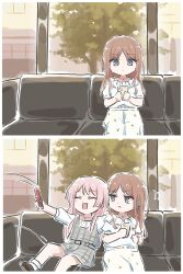 Rule 34 | 2girls, bang dream!, bang dream! it&#039;s mygo!!!!!, blue eyes, blush, brown hair, cellphone, chihaya anon, commentary, dress, fang, grey dress, highres, holding, holding phone, long hair, lyy, multiple girls, nagasaki soyo, open mouth, phone, pinafore dress, pink hair, plaid clothes, plaid dress, sidelocks, skin fang, sleeveless, sleeveless dress, smartphone