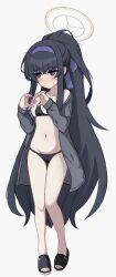 1girl absurdres bags_under_eyes bikini black_bikini black_hair blue_archive breasts cardigan cleavage collarbone commentary_request full_body grey_cardigan hair_between_eyes hairband halo heart heart_hands highres io9 jewelry long_hair long_sleeves navel necklace official_alternate_costume official_alternate_hairstyle open_cardigan open_clothes ponytail purple_eyes sandals sidelocks simple_background sleeveless small_breasts solo standing stomach swimsuit toes ui_(blue_archive) ui_(swimsuit)_(blue_archive) white_background