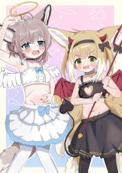 2girls absurdres alternate_costume angel_and_devil animal_ears arknights arm_up armpits bare_arms bare_shoulders black_bow black_camisole black_choker black_hairband black_pantyhose black_skirt blonde_hair blue_bow blue_eyes blush bow camisole chefcooo_jk choker cleavage_cutout clothing_cutout collarbone commentary crop_top fake_horns fake_tail fang green_eyes grey_hair groin hair_bow hairband halo highres holding holding_polearm holding_weapon horns looking_at_viewer midriff multicolored_hair multiple_girls multiple_tails navel open_mouth pantyhose polearm red_horns red_wings short_hair skirt spaghetti_strap split_mouth streaked_hair sussurro_(arknights) suzuran_(arknights) tail traditional_halo trident weapon white_camisole white_hair white_pantyhose white_skirt white_wings wings yellow_halo