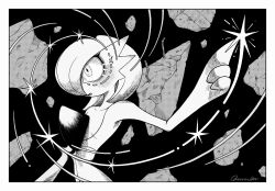 1girl arm_up artist_name black_background bob_cut border collarbone cucumber_(wanton9cum) female_focus flat_chest floating floating_object gardevoir gen_3_pokemon glowing glowing_eyes greyscale hair_over_one_eye highres index_finger_raised looking_afar monochrome nintendo one_eye_covered open_mouth pokemon pokemon_(creature) rebar rubble short_hair signature solo standing telekinesis upper_body white_border wide-eyed