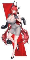 1girl absurdres alternate_costume bag black_gloves breasts covered_navel fang fingerless_gloves full_body gloves goddess_of_victory:_nikke handbag highres horns large_breasts mechanical_horns red_hair red_hood_(nikke) solo wonfle10 yellow_eyes