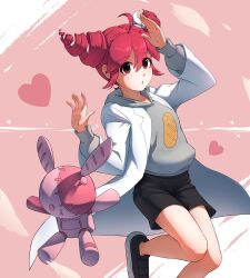 1girl :o absurdres ahoge alternate_costume arm_up black_shoes black_shorts blush coat drill_hair flat_chest floating_hair food_print grey_sweater hair_between_eyes hand_up heart highres kasane_teto kasane_teto_(sv) leg_up looking_at_viewer open_clothes open_coat pink_background print_sweater red_eyes reisonant science_(synthesizer_v) shoes shorts solo standing standing_on_one_leg stuffed_animal stuffed_toy sweater synthesizer_v twin_drills utau white_coat