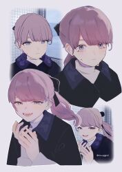 1girl absurdres black_coat black_ribbon brown_hair coat derivative_work hair_ribbon half-closed_eyes highres lapwing_(vrchat) laughing looking_at_viewer multiple_expressions multiple_views nico_eggroll open_mouth ponytail portrait purple_eyes reference_inset ribbon screenshot_inset screenshot_redraw solo tears teeth turtleneck twitter_username vrchat