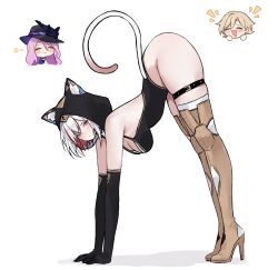 1boy 2girls absurdres all_fours animal_ears animal_hood aventurine_(honkai:_star_rail) belt black_gloves black_leotard blonde_hair blush boots breasts cat_ears cat_hood cat_tail cipher_(honkai:_star_rail) cipher_(honkai:_star_rail)_(cosplay) cleavage colored_inner_hair commentary cosplay elbow_gloves english_commentary from_side gloves gold_boots head_only heart heart_in_mouth high_heel_boots high_heels highres honkai:_star_rail honkai_(series) hood jade_(honkai:_star_rail) large_breasts large_hat leotard looking_at_viewer miclipse multicolored_hair multiple_girls purple_hair red_hair short_hair simple_background smile tail thigh_belt thigh_strap thighhighs topaz_(honkai:_star_rail) two-tone_hair white_background white_hair