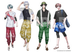 4boys :d anklet arm_up arm_warmers black_hair black_nails black_sandals black_shirt blue-tinted_eyewear blue_eyes blue_hair blue_nails blue_shorts brown_hair brown_hat brown_sandals brown_shoes by_the_beat chain chain_necklace closed_mouth collarbone collared_shirt commentary commission curtained_hair drawstring english_commentary eyewear_on_head fingernails flip-flops freodore_(nijisanji) green_pants grey_hair hair_between_eyes hand_in_pocket hand_on_own_hip hand_up hands_in_pockets hat highres jewelry kaelix_debonair kaohom503 looking_at_viewer low_ponytail male_focus medium_hair mole mole_under_eye mole_under_mouth multicolored_hair multiple_boys nail_polish necklace nijisanji nijisanji_en open_clothes open_mouth open_shirt pants parted_bangs pink_hair ponytail print_pants print_shorts purple_eyes red_pants sample_watermark sandals seible_(nijisanji) shirt shoes short_hair short_ponytail short_sleeves shorts simple_background sleeveless sleeveless_shirt smile streaked_hair sunglasses teeth thai_clothes tinted_eyewear toenail_polish toenails upper_teeth_only v-shaped_eyebrows watermark white_background white_hair white_shirt wristband yellow_pants zeal_ginjoka