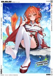 1girl ahoge blush commission edajima_denki english_text feet flat_chest full_body hair_intakes hand_in_own_hair highres hinotori_mera japanese_clothes knees_together_feet_apart legs looking_at_viewer mountainous_horizon no_shoes okobo open_mouth orange_eyes orange_hair platform_sandals propro_production red_sandals right_shoe_removed ripples sandals shoes short_hair single_sandal sitting skeb_commission smile soles solo splashing tail thighhighs toes white_thighhighs