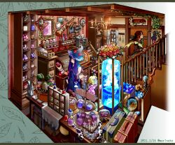 1girl 2boys absurdly_detailed_composition artist_name bag blonde_hair blue_hair book bottle bow cabinet candle candlestand chandelier clock crystal crystal_ball cup dated drawer dress fantasy flask flower food fruit gem glasses hat holding indoors jar jewelry lamp lantern leaf letterboxed loaded_interior long_hair long_sleeves mirror multicolored_hair multiple_boys multiple_girls original picture_frame plant potion potted_plant purple_hair railing red_flower red_rose rose rug scroll shelf shop shunkashuntou skull smile stairs standing stove table vase window witch witch_hat