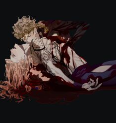 2boys belt black_background black_jacket black_lips blonde_hair blood blue_belt blue_pants bracelet braid braided_ponytail diavolo exposed_bone fishnet_top fishnets giorno_giovanna guro highres hymkky3 intestines jacket jewelry jojo_no_kimyou_na_bouken kiss kissing_neck lipstick long_hair makeup male_focus medium_hair multiple_boys pants pink_hair spotted_hair vento_aureo victory_rolls yaoi