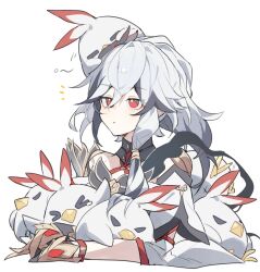 Rule 34 | 1girl, animal, animal on head, black hair, commentary request, fu hua, fu hua (crane of taixuan), fu hua (fenghuang of vicissitude), fu hua (garuda), hair between eyes, high ponytail, highres, honkai (series), honkai impact 3rd, jingwei (bird), long hair, multicolored hair, nonaa4141, on head, parted lips, ponytail, red eyes, solo, streaked hair, two-tone hair, white hair