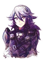 1girl armor astrayeah commentary cropped_torso english_commentary fire_emblem fire_emblem_fates hair_between_eyes hairband long_hair looking_at_viewer nintendo parted_lips pink_eyes shoulder_armor smile soleil_(fire_emblem) solo upper_body white_background