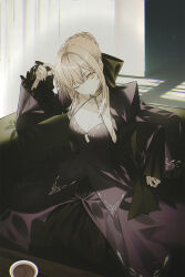 1girl artoria_pendragon_(fate) black_bra black_dress blonde_hair bra breasts choker cleavage closed_mouth dress fate_(series) fov_ps hair_between_eyes hair_bun highres looking_at_viewer medium_hair on_floor one_eye_closed saber_alter seiza sidelocks sitting solo underwear yellow_eyes