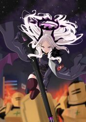 1girl :o absurdres ahoge android armband belt black_coat black_gloves black_thighhighs blue_archive blurry coat coat_on_shoulders commentary_request demon_girl demon_horns demon_wings depth_of_field forehead fur-trimmed_coat fur_trim gloves gun hair_ornament hairclip halo highres hina_(blue_archive) holding holding_gun holding_weapon horns jumping long_hair long_sleeves looking_at_viewer machine_gun mg42 military military_uniform night night_sky open_clothes open_coat parted_bangs pencil_skirt ponytail purple_eyes sam_browne_belt shoulder_belt side_slit sidelocks skirt sky somu_(user_vmry8728) star_(sky) starry_sky thighhighs v-shaped_eyebrows weapon white_hair wings zettai_ryouiki