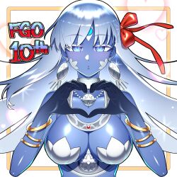 Rule 34 | 1girl, absurdres, armor, bare shoulders, bikini armor, blue eyes, blue skin, blush, breasts, colored skin, fate/grand order, fate (series), heart, heart hands, highres, jewelry, kali (fate), kok (honeymelon), large breasts, long hair, looking at viewer, neck ring, puckered lips, solo, third eye, white hair