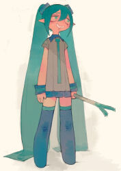 1girl aqua_eyes aqua_hair aqua_necktie commentary food freckles hatsune_miku highres holding holding_food holding_spring_onion holding_vegetable long_hair necktie pointy_ears saliva single_tear solo spring_onion twintails umezawa_michiko vegetable very_long_hair vocaloid